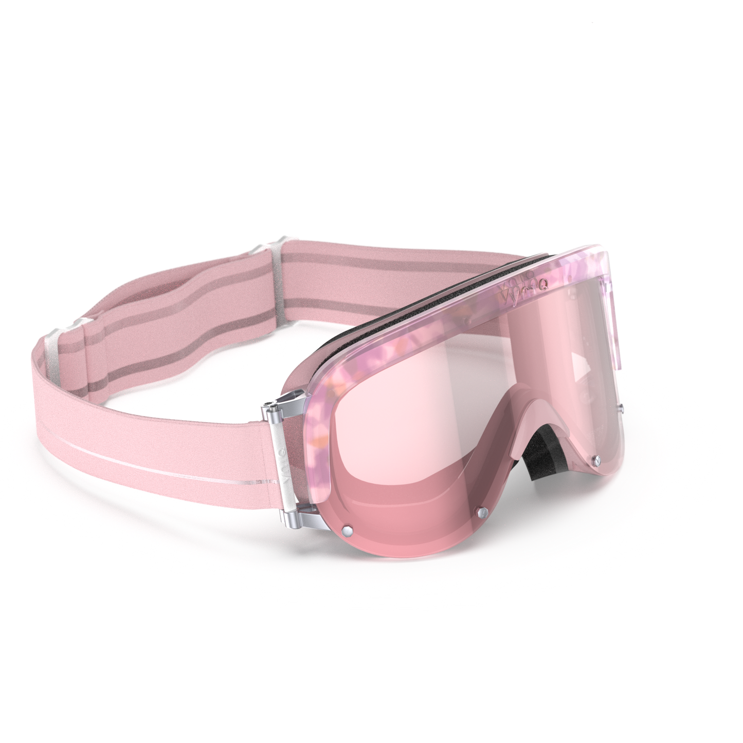 Pink goggles with clear lenses on a white background